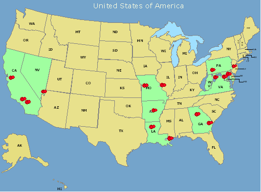 Map of United States indicating testing locations: Landover, Maryland; Glynco, Georgia; Martinsburg, West Virginia; Atlanta, Georgia; Kansas City, Kansas; Las Vegas, Nevada; Little Rock, Arkansas; Los Angeles, California; Riverside, California; San Francisco, California; New Orleans, Louisiana; Shreveport, Louisiana; Philadelphia, Pennsylvania; Pittsburgh, Pennsylvania; St. Louis, Missouri, and Washington, D.C.