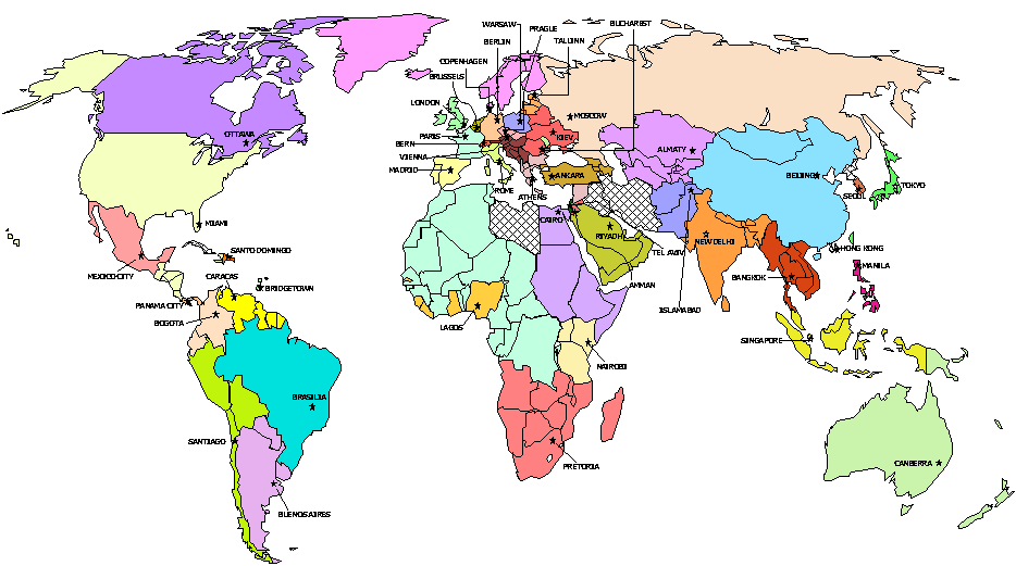 World map showing the location of FBI Legal Attache Offices. For a text version refer the to table immediately after the graphic.
