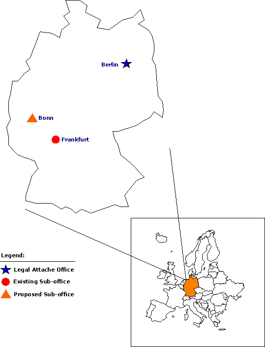 Map of Germany showing the location of the Legal Attache Office in Berlin, the existing sub-office in Frankfurt and the proposed sub-office in Bonn.