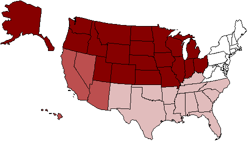Map of the United States. The map is colored to the states serviced by a service center. The legend below also lists the states by service center.