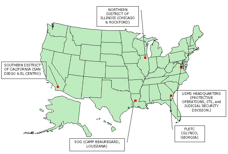 Map of the U.S. showing the five locations of onsite audit work.  Southern District of California; Northern District of Illinois; Camp Beauregard, LA; FLETC, Glynco, GA; USMS HQ, Washington, D.C.