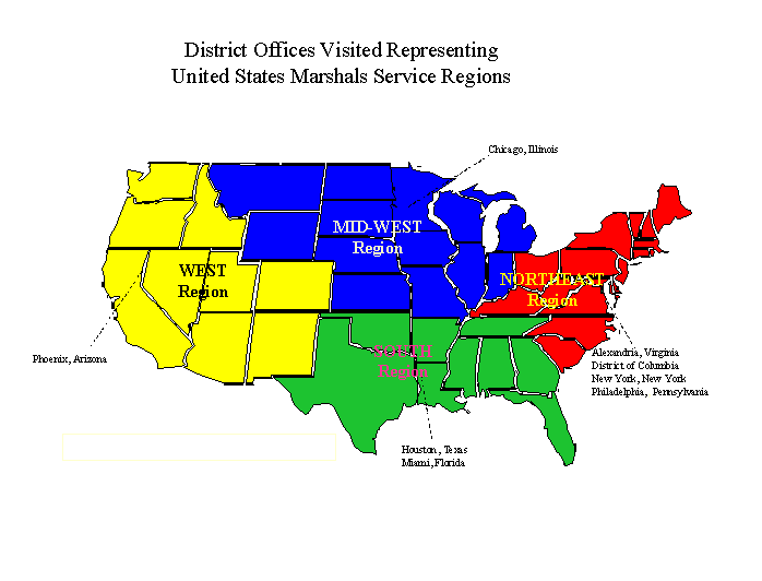 Map of the U.S.  Of the four USMS regions the auditors visited offices in Phoenix (West), Chicago (MidWest), Houston, Miami (South), Philadelphia, New York City, Washington, DC and Alexandria, VA (Northeast).