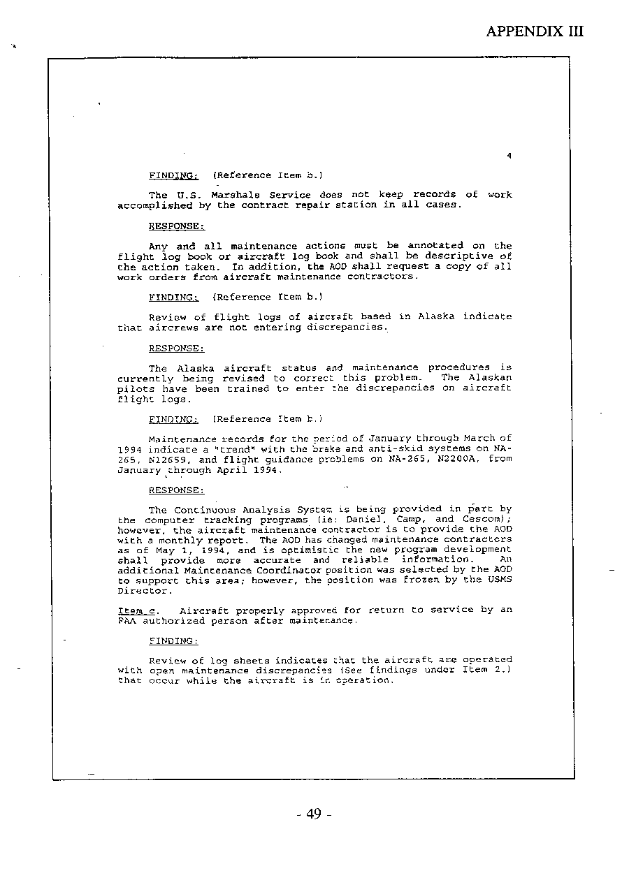 USMS Comments on the Federal Aviation Administration Results of Airworthiness Checks