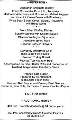 menu of items served at the COPS NETWORKING RECEPTION