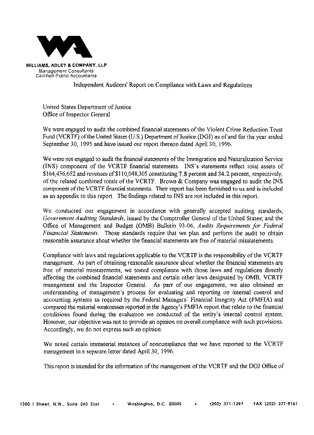 Independent Auditor's Report on Compliance with Laws and Regulations