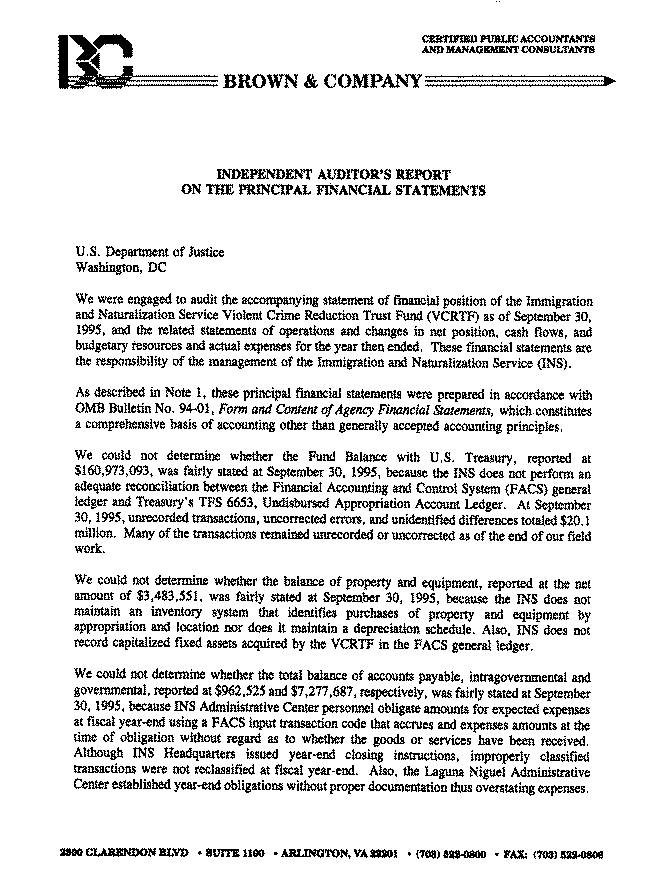 Independent Auditor's Reports on the Immigration and Naturalization Service Component