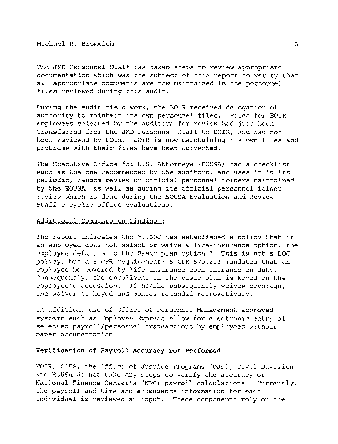 Acting Chief Financial Officer's Comments on the Report