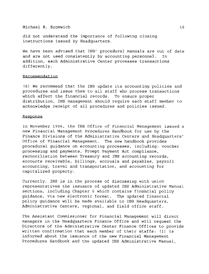 Acting Chief Financial Officer's Comments on the Report