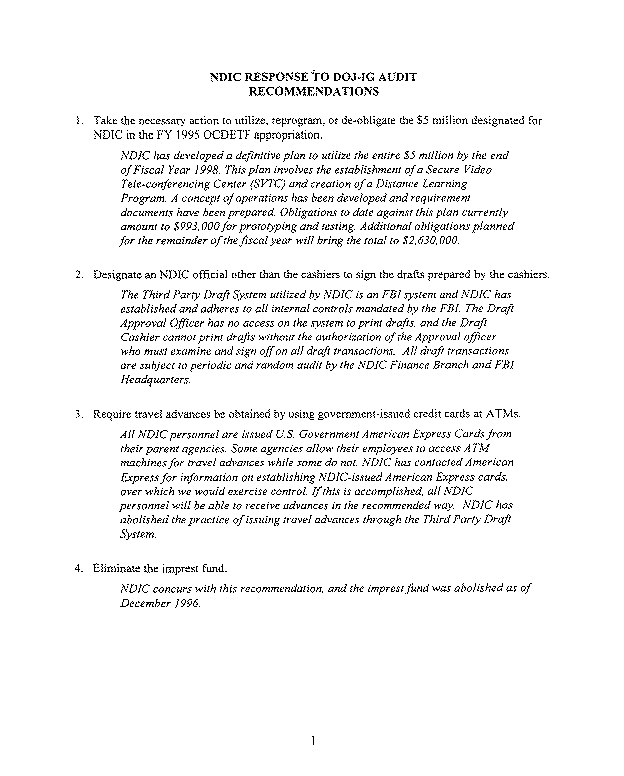 NDIC Comments on the Audit Recommendations