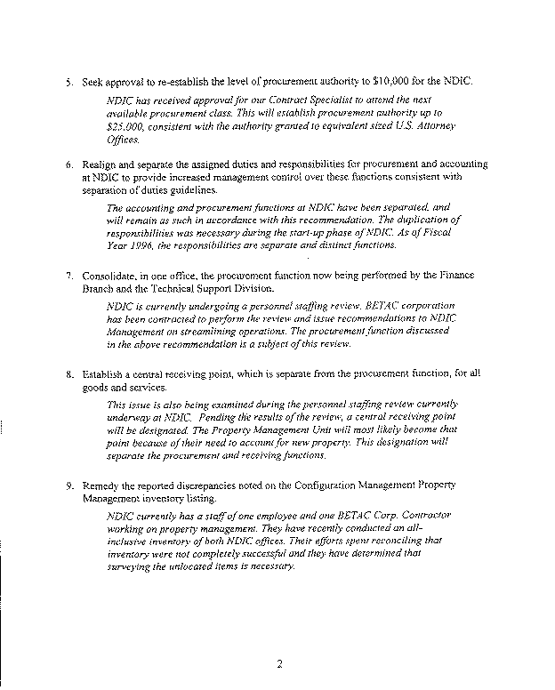 NDIC Comments on the Audit Recommendations