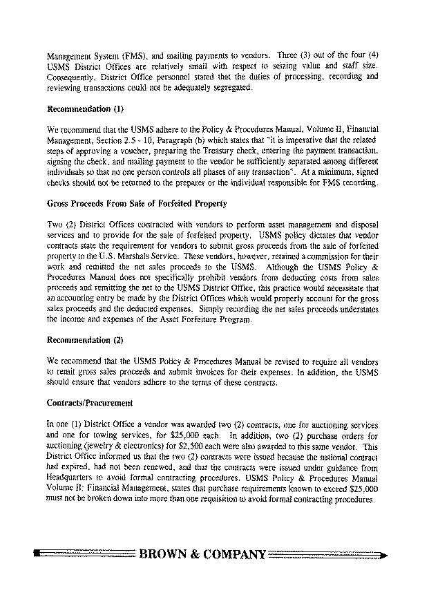 Report to Management, Gross Proceeds from Sale of Forfeited Property, Contracts/Procurement
