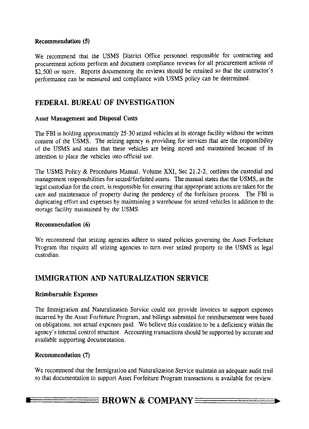 Report to Management, Federal Bureau of Investigation (Asset Management and Disposal Costs), Immigration and Naturalization Service (Reimbursable Expenses)