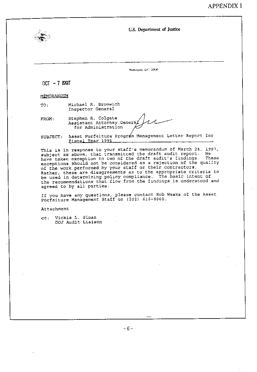 Justice Management Division's Response to the Draft Report dated October 7, 1997