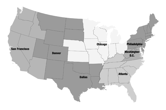 map of United States showing field offices� geographic coverage: San Francisco, Denver, Dallas, Chicago, Atlanta, Washington D.C., Philadelphia