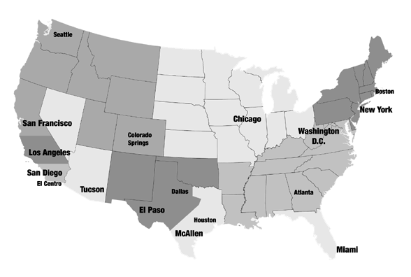 United States map showing the geographic areas covered by the field offices: Seattle, San Francisco, Los Angeles, San Diego, El Centro, Tucson, Colorado Springs, El Paso, Dallas, Houston, McAllen, Chicago, Atlanta, Washington D.C.  New York, Boston