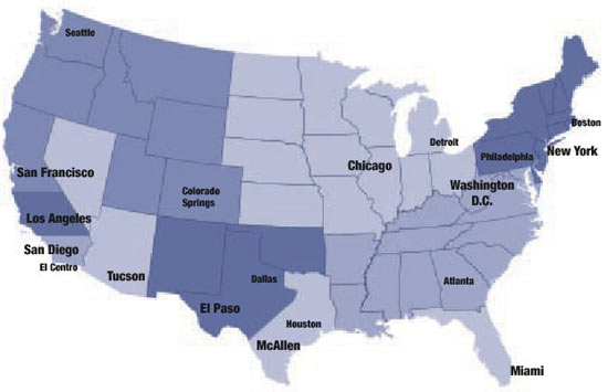 United States map indicating field offices� geographic coverage. Cities include Chicago, El Paso, Los Angeles, McAllen, Miami, New York, San Diego, San Francisco, Tucson, Washington, D.C., Atlanta, Boston, Colorado Springs, Dallas, Detroit, El Centro, Houston, Philadelphia, and Seattle.