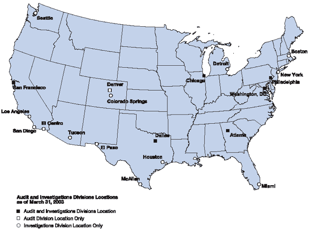 United States map indicating Audit and Investigations divisions geographic locations as of March 31, 2003. Locations of both Audit and Investigations divisions include San Francisco, Chicago, Dallas, Atlanta, Philadelphia, and Washington, D.C.  Locations of Investigations division only include Seattle, Colorado Springs, Los Angeles, San Diego, El Centro, Tucson, El Paso, Mc Allen, Houston, Miami, Detroit, New York, and Boston. Locations of Audit division only include Denver.