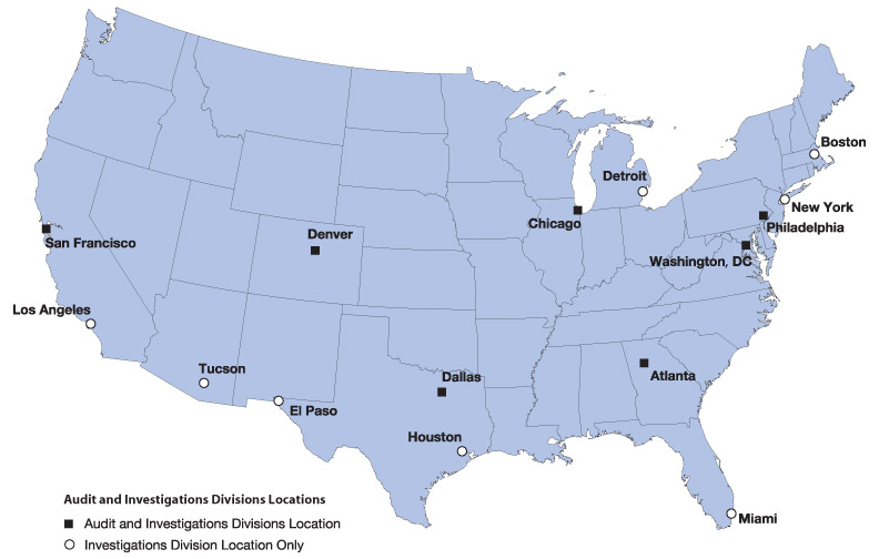 United States map indicating Audit and Investigations divisions geographic locations. Locations of both Audit and Investigations divisions include San Francisco, Denver, Dallas, Chicago, Atlanta, Philadelphia, and Washington, D.C.  Locations of Investigations division only include Los Angeles, Tucson, El Paso, Houston, Miami, Detroit, New York, and Boston.