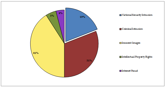 National Security Intrusion - 19%; Criminal Intrusion - 31%; Innocent Images - 41%; Intellectual Property Rights - 5%; Internet Fraud - 4%.
