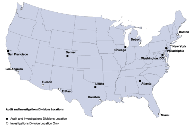 United States map indicating Audit and Investigations divisions geographic locations. Locations of both Audit and Investigations divisions include San Francisco, Denver, Dallas, Chicago, Atlanta, Philadelphia, and Washington, D.C. Locations of Investigations division only include Los Angeles, Tucson, El Paso, Houston, Miami, Detroit, New York, and Boston.