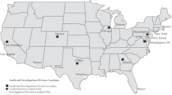 United States map indicating Audit and Investigations divisions geographic locations. Locations of both Audit and Investigations divisions include San Francisco, Denver, Dallas, Chicago, Atlanta, and Washington, D.C. Locations of Investigations division locations only include Los Angeles, Tucson, El Paso, Houston, Miami, Detroit, New York, and Boston. Locations of Audit division locations only include Philadelphia.