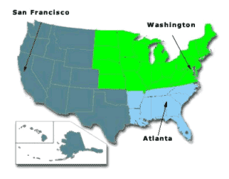 Map of United States divided into 3 areas and highlighting Washington, Atlanta, and San Francisco.