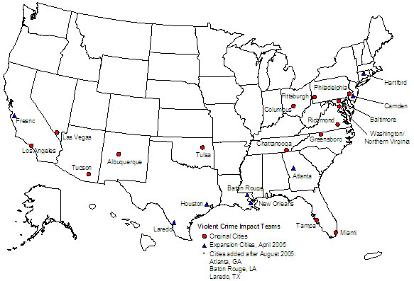 United States map indicating cities with VCITs as of March 2006. Click on image for a text-only version.