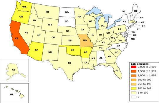U.S. Map detailing amount of seizures in all states for 1998. Click on map for a text-only version and for exact numbers for each state.