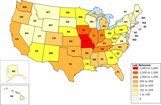 U.S. Map detailing amount of seizures in all states for 2004. Click on map for a text-only version and for exact numbers for each state.