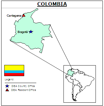 Map of Columbia with inset showing DEA Country Office in Bogota and DEA Resident Office in Cartagena.