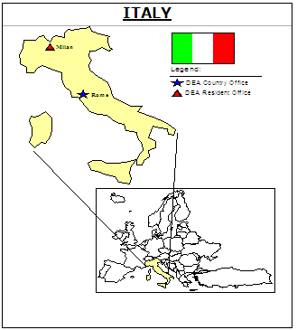 Map of Italy with inset showing DEA Country Office in Rome and DEA Resident Office in Milan.