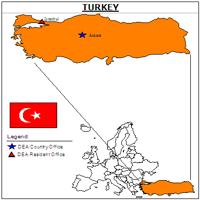 Map of Turkey with inset showing DEA Country Office in Ankara and DEA Resident Office in Istanbul.