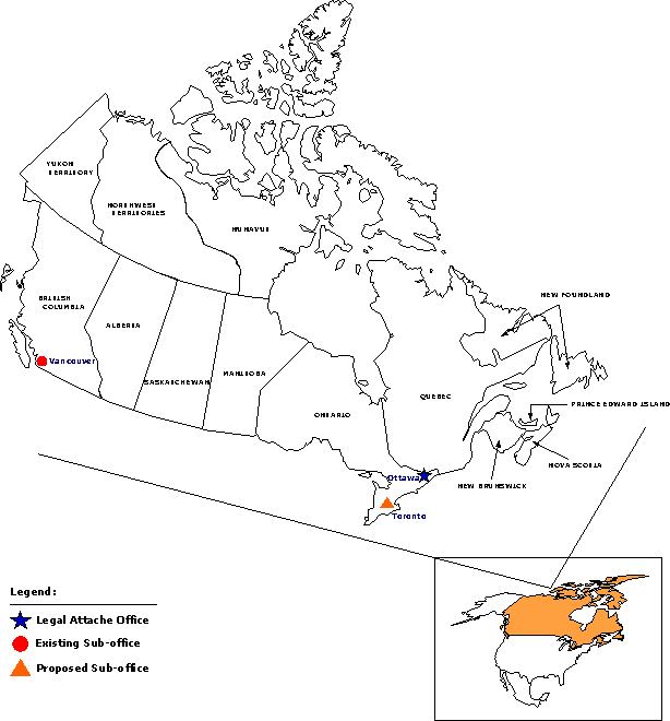 Map of Canada showing  location of the Legal Attache Office in Ottawa, the existing sub-office in Vancouver and the proposed sub-office in Toronto.