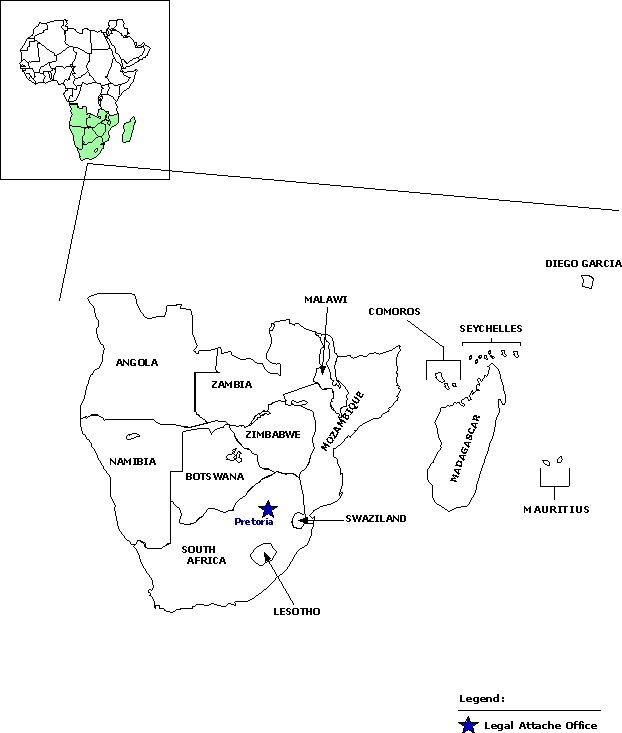 Map of South Africa showing the location of the Legal Attache Office in Pretoria.