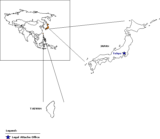 Map of Japan and Taiwan showing the location of the Legal Attache Office in Tokyo.