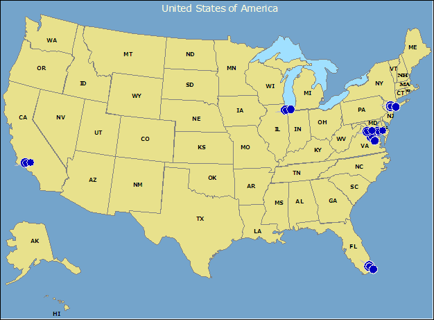 Map of United States highlighting the 7 offices reviewed.