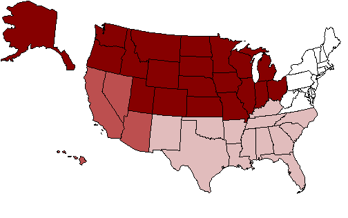 Map of the United States. The map is colored to the states serviced by a service center.  The legend below also lists the states by service center.
