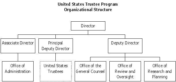 Flowchart of the organization structure of the U.S. Trustee Program.  Click on the chart to access the same information in a text table.