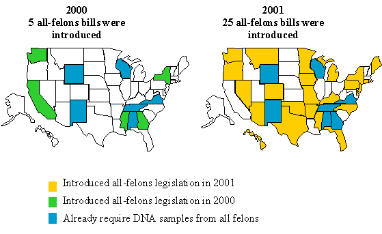 Maps of the US depicting which states introduced all felon bills in 2000 and 2001.  Click on the graphic to bring up a table showing the numbers.