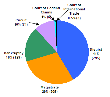 District: 41%/295, Magistrate: 29%/205, Bankruptcy: 18%/129, Circuit: 10%/74, Court of Federal Claims: 1%/6, Court of International Trade: 0.5%/3.