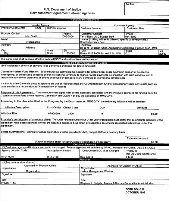 Image of DOJ Form 216, Reimbursement Agreement Between Agencies.  Click on the graphic for a text table with the same information and in a format similar to the form.