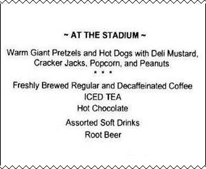 menu of items served at a themed break titled At the Stadium