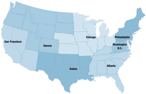United States map showing offices in San Francisco, Denver, Dallas, Chicago, Washington D.C., Philadelphia and Atlanta