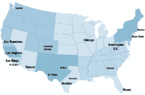 United States map indicating offices in Seattle, San Francisco, Los Angelos, San Diego, El Centro, Tucson, Colorado Springs, El Paso, Dallas, Houston, Mc Allen, Chicago, Atlanta, Miami, Washington D.C., New York, and Boston.