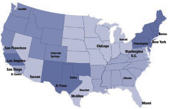 United States map indicating field offices’ geographic coverage. Cities include Chicago, El Paso, Los Angeles, McAllen, Miami, New York, San Diego, San Francisco, Tucson, Washington, D.C., Atlanta, Boston, Colorado Springs, Dallas, Detroit, El Centro, Houston, Philadelphia, and Seattle.
