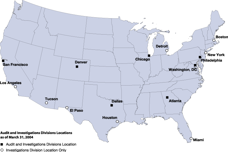 United States map indicating Audit and Investigations divisions geographic locations as of March 31, 2004. Locations of both Audit and Investigations divisions include San Francisco, Denver, Dallas, Chicago, Atlanta, Philadelphia, and Washington, D.C.  Locations of Investigations division only include Los Angeles, Tucson, El Paso, Houston, Miami, Detroit, New York, and Boston.