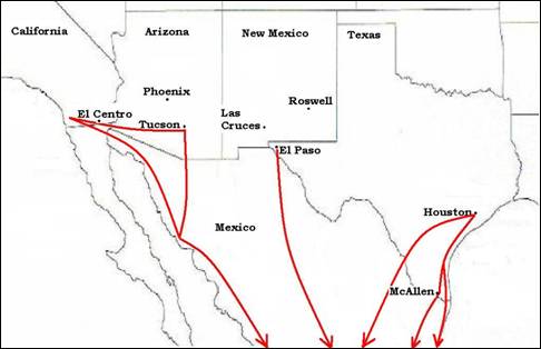 Map of Southwest Border. 5 arrows pointing downward from cities including El Centro, Tucson, El Paso, Houston and McAllen.