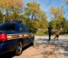 Photo of police car, officer and dog