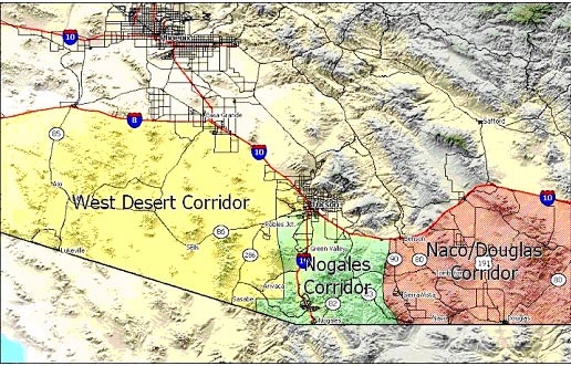 Map showing the different corridors - West Desert, Nogales, and Naco/Douglas.