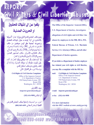 English/Arabic poster distributed by OIG to provide information on how to contact the OIG to report civil rights and civil liberties abuses.